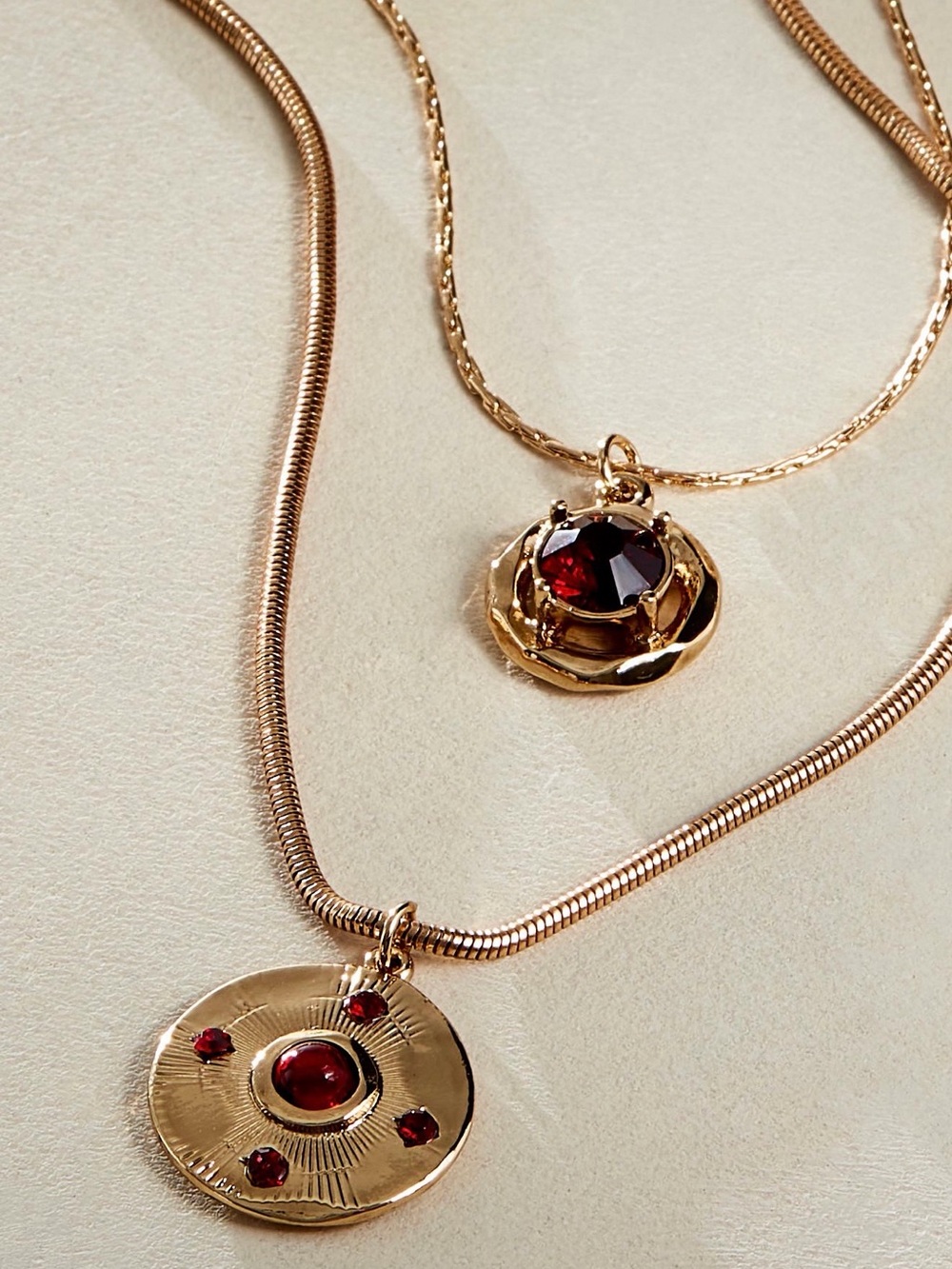 Free People Gold-Tone Layered Necklace with Red Gem Discs